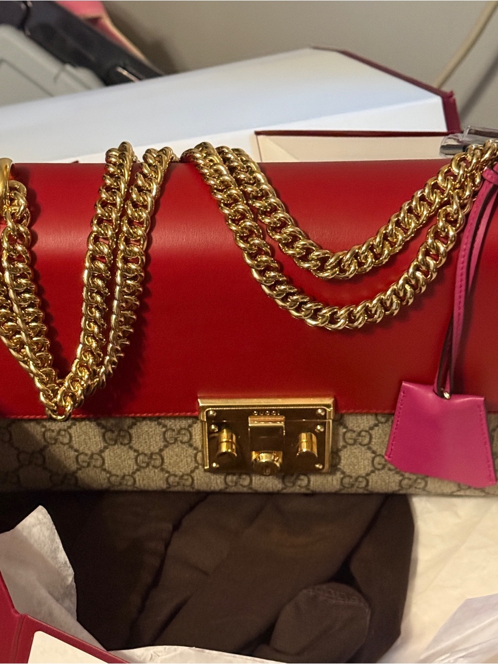 Gucci Red and Brown GG Supreme Padlock MED Shoulder Bag with Gold Hardware - Picture 9 of 15